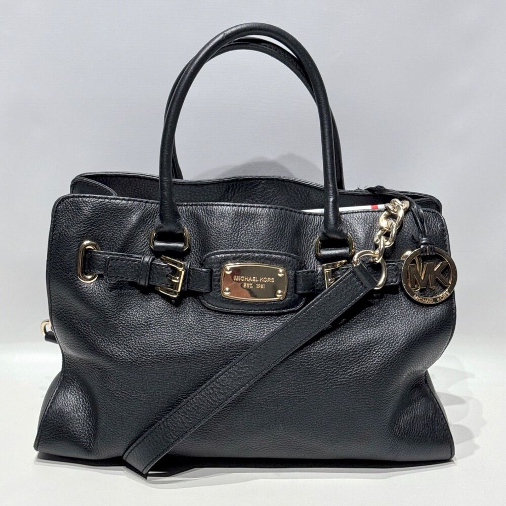 Michael Kors Hamilton Black Leather Tote Bag Shoulder Strap Medallion 15"x10"x4"